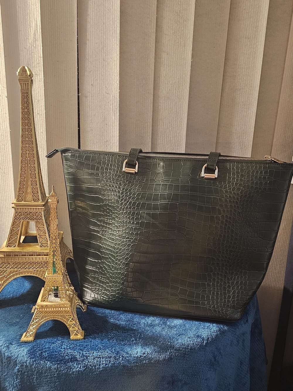 H&M Dark Green Croc-Embossed Tote with Gold Accents